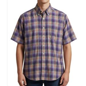 Daniel‎ Cremeux Shirt Men's Purple Plaid Size Large SS Oxford Button Down Pocket